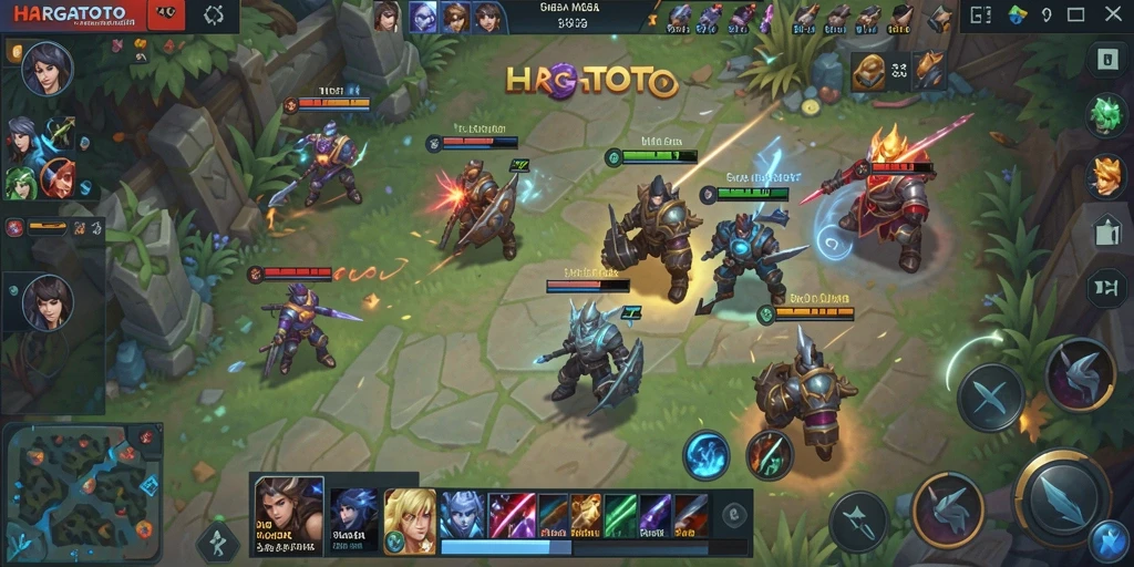 Tampilan bertarung intens di HARGATOTO dengan berbagai hero.