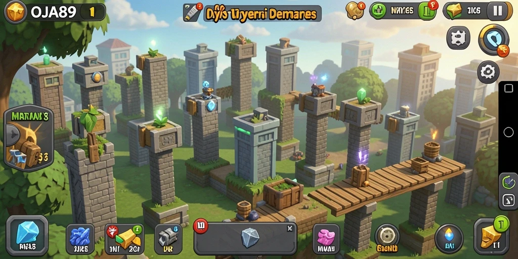 Tampilan gameplay OJA89 dengan menara dan musuh yang beragam.