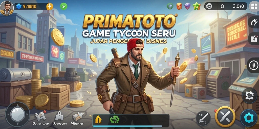 Tampilan gameplay <strong>PRIMATOTO</strong> yang menampilkan strategi dan pengelolaan bisnis.