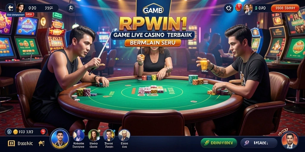 Screenshot gameplay <strong>RPWIN1</strong> menampilkan interaksi dealer langsung dan suasana kasino yang hidup.